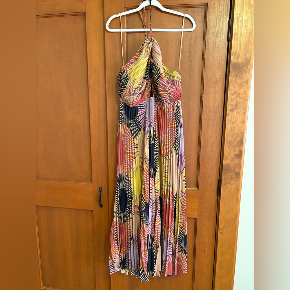 HOUSE OF HARLOW PLEATED TIE-NECK CUT-OUT-BODICE BACKLESS HALTER MAXI DRESS sz L - Picture 3 of 9